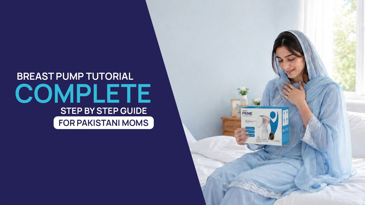 Graphic banner reading Breast Pump Tutorial Complete Step by Step Guide for Pakistani Moms featuring a Pakistani mother in light blue traditional clothing sitting on a bed while holding a Prime breast pump product box.