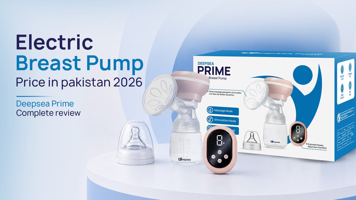 Deepsea Prime electric breast pump price in Pakistan 2026 review banner showcasing the complete electronic milk expression kit and its components on a round platform.