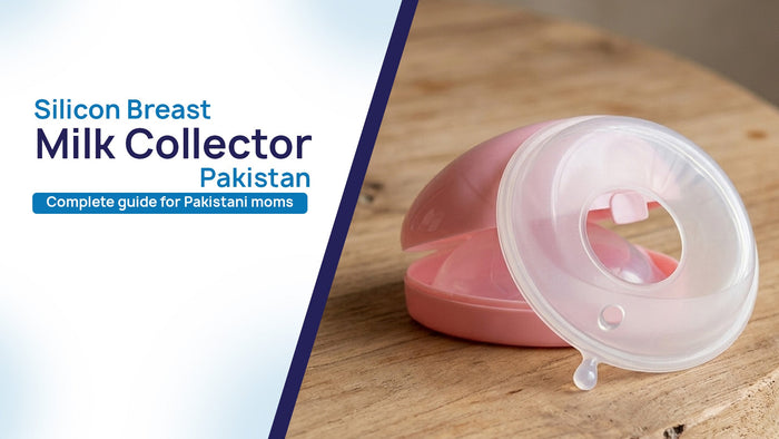Graphic banner featuring text reading Silicon Breast Milk Collector Pakistan Complete guide for Pakistani moms next to a translucent pink silicone breast milk collector cup on a wooden table.