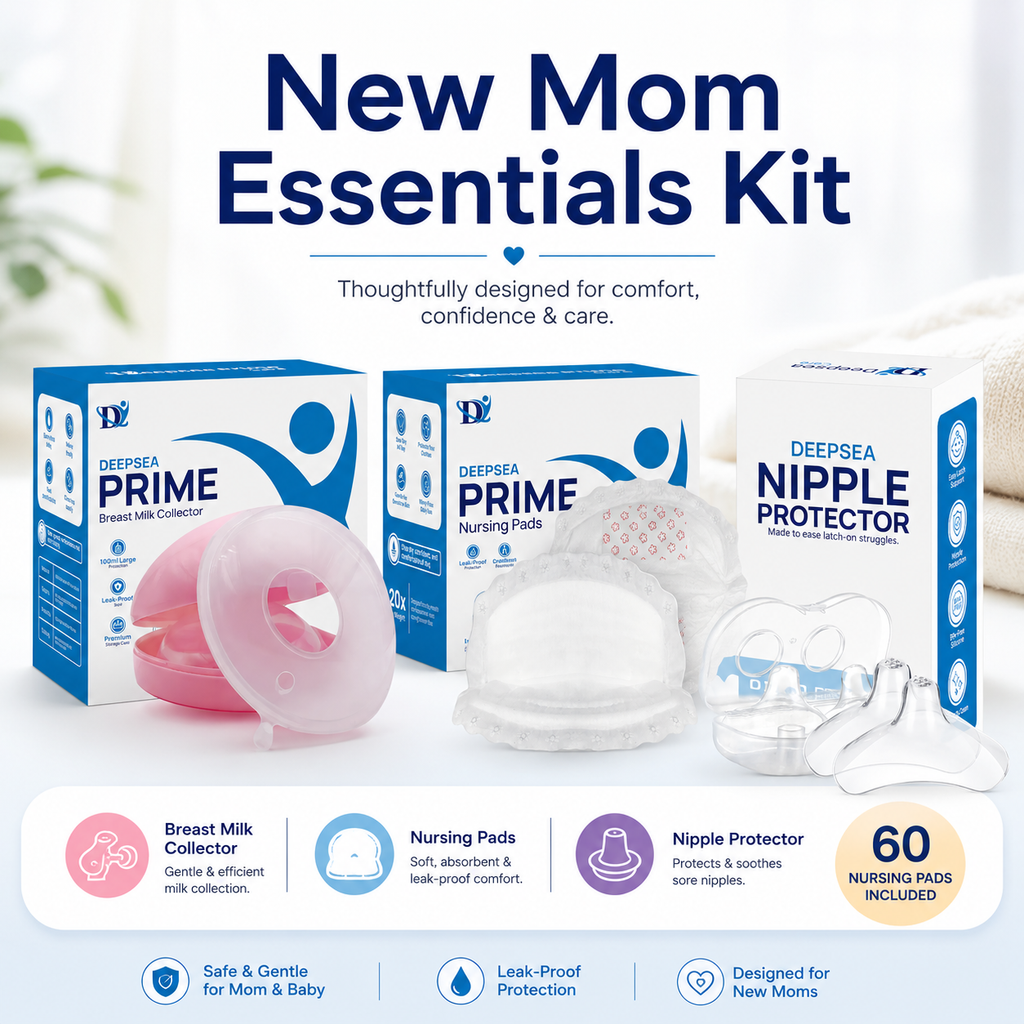 Deepsea New Mom Essentials Kit — Silicone Milk Collector, Nursing Pads and Nipple Shield Bundle