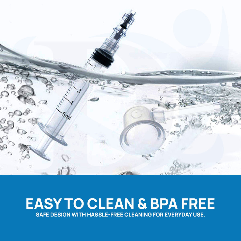 Product with syringe and water droplets, labeled 'Easy to Clean & BPA Free'.