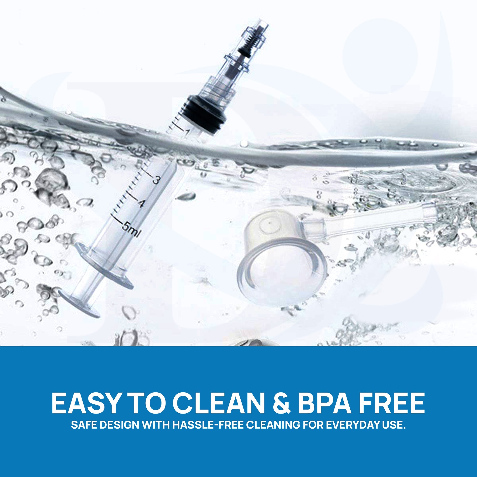 Product with syringe and water droplets, labeled 'Easy to Clean & BPA Free'.