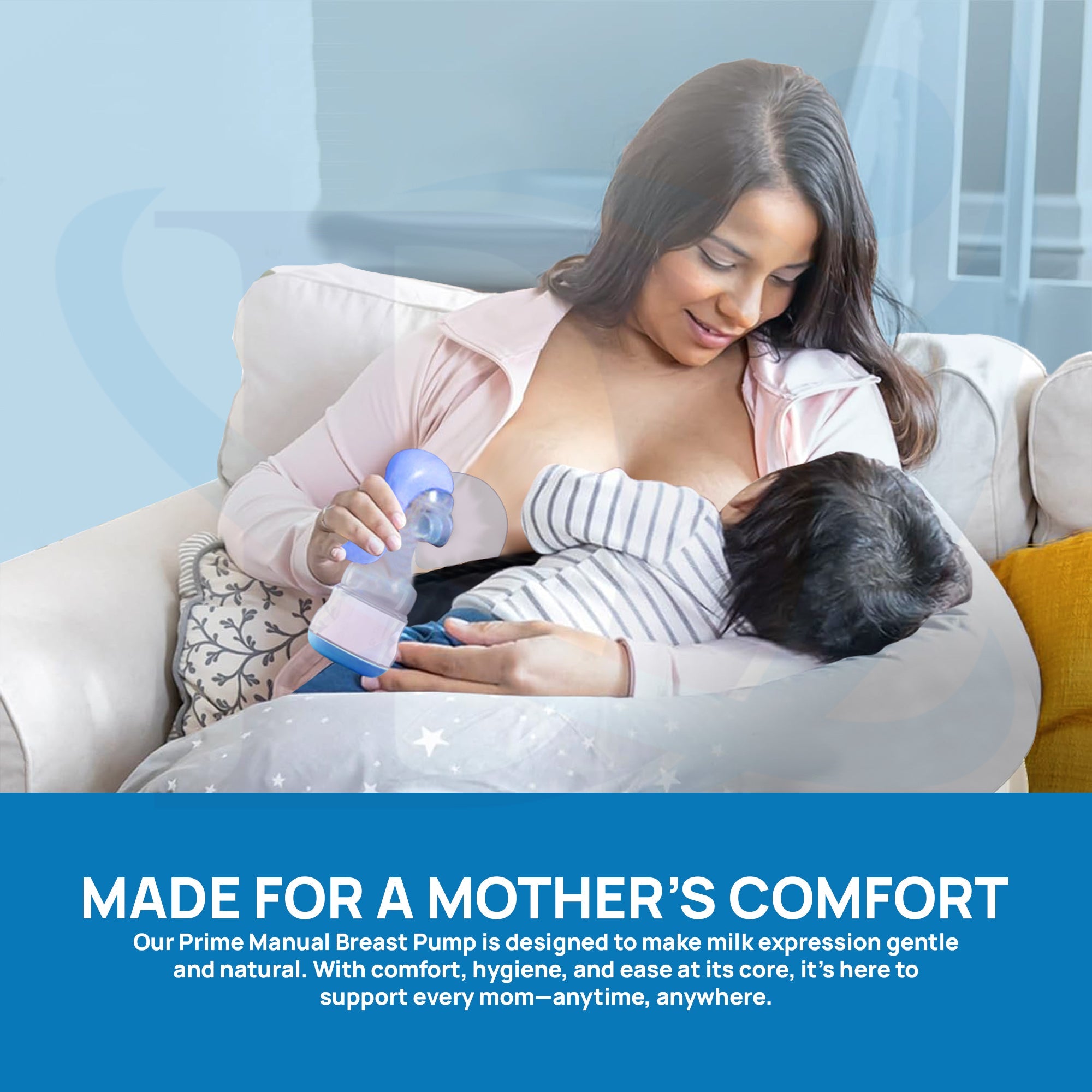 Mom Feeding Baby While Using a Manual Breast Pump as a Supportive Partner