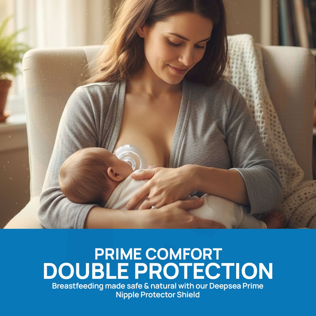 Woman breastfeeding a baby with text about Prime Comfort Double Nipple Protection