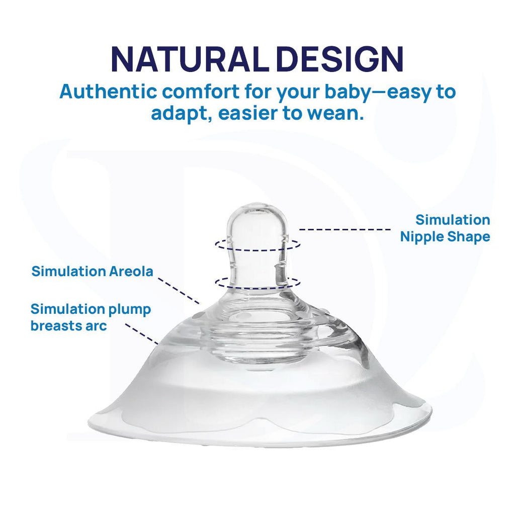 Baby breastfeeding nipple with labeled features on a white background