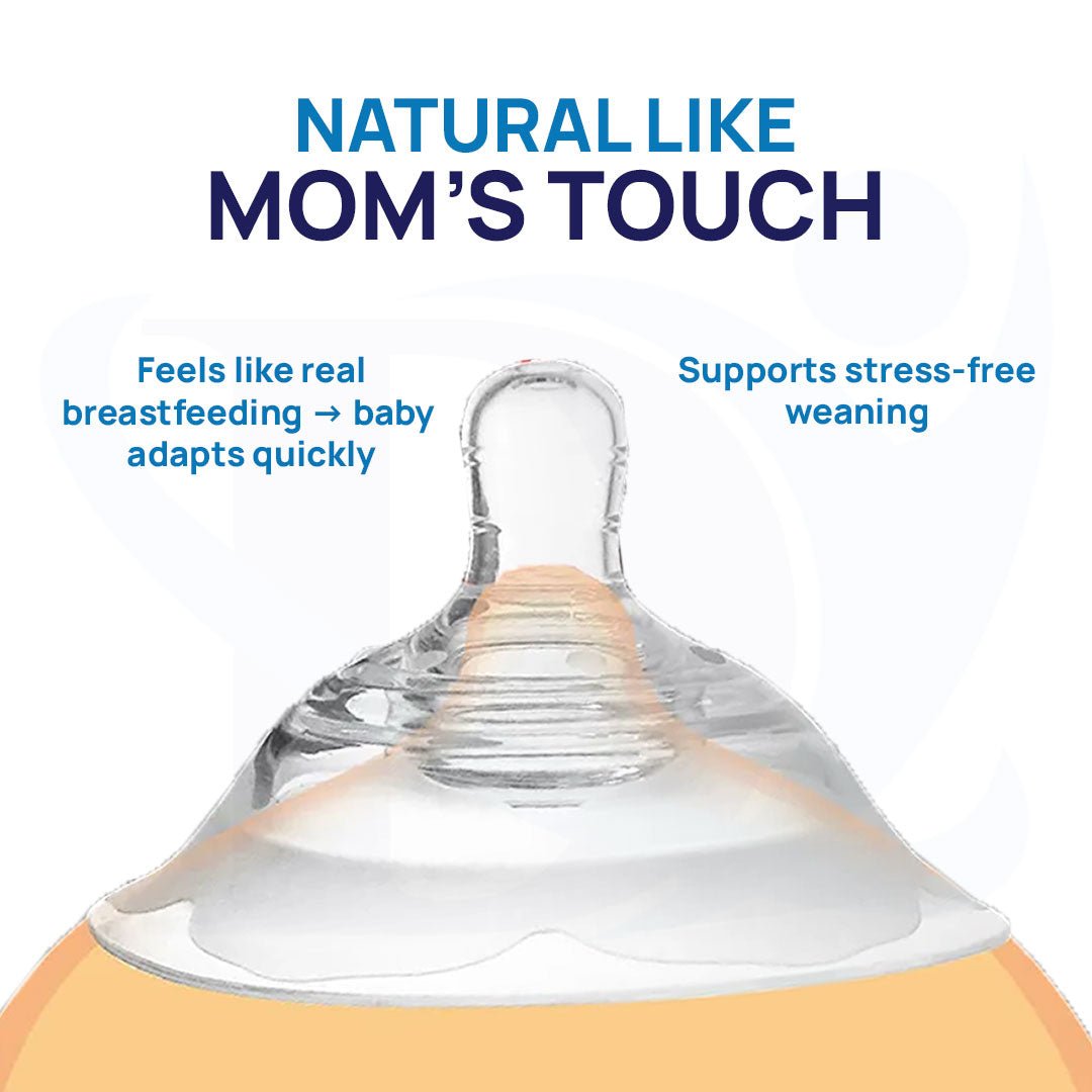 Baby bottle nipple with text highlighting 'Natural Like Mom's Touch' features on a white background.