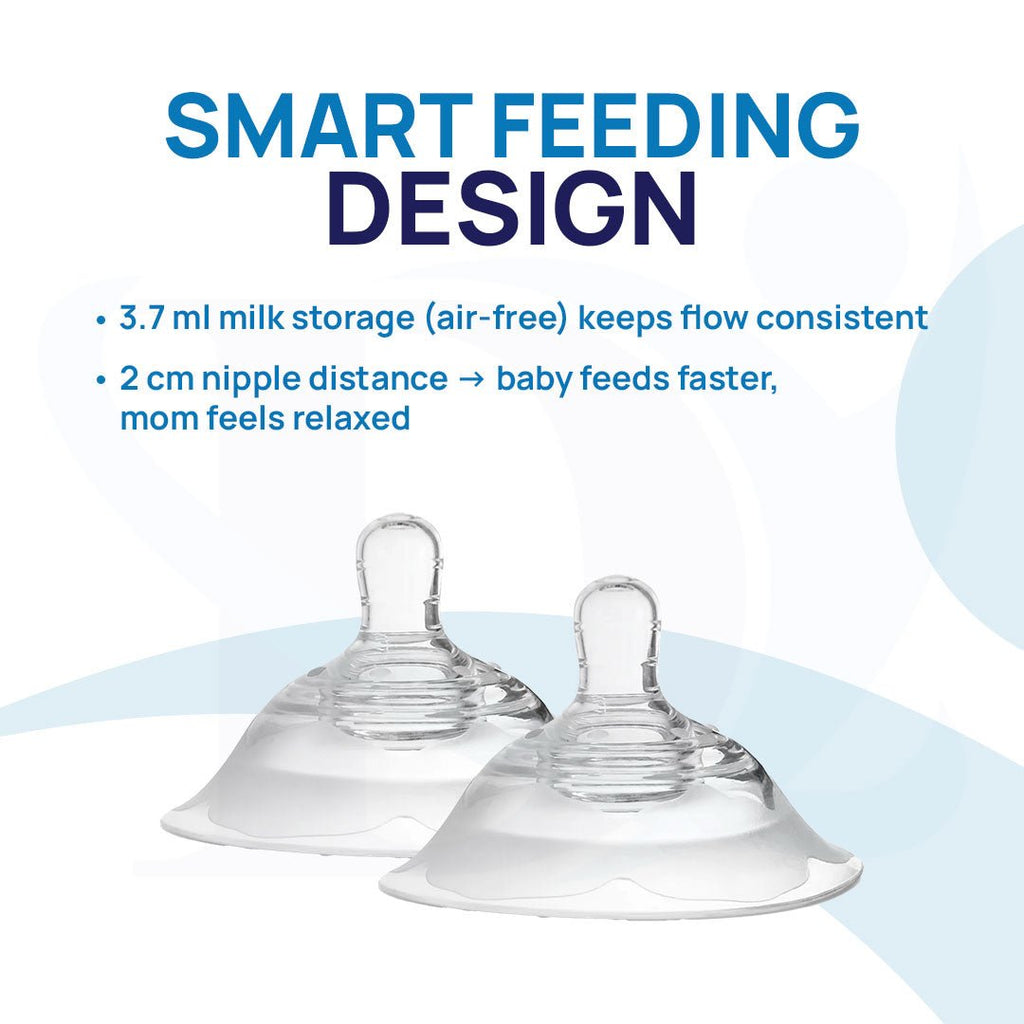 Two clear baby bottle nipples with text about smart feeding design on a white background.