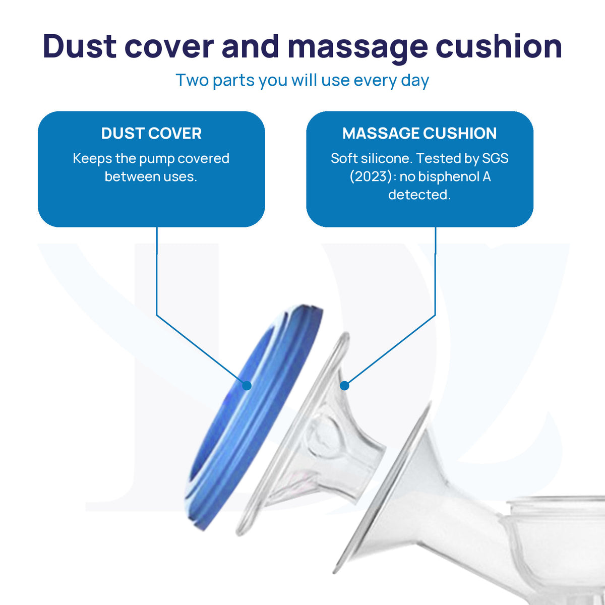 The dust cover and the soft silicone massage cushion of the Prime Manual Breast Pump