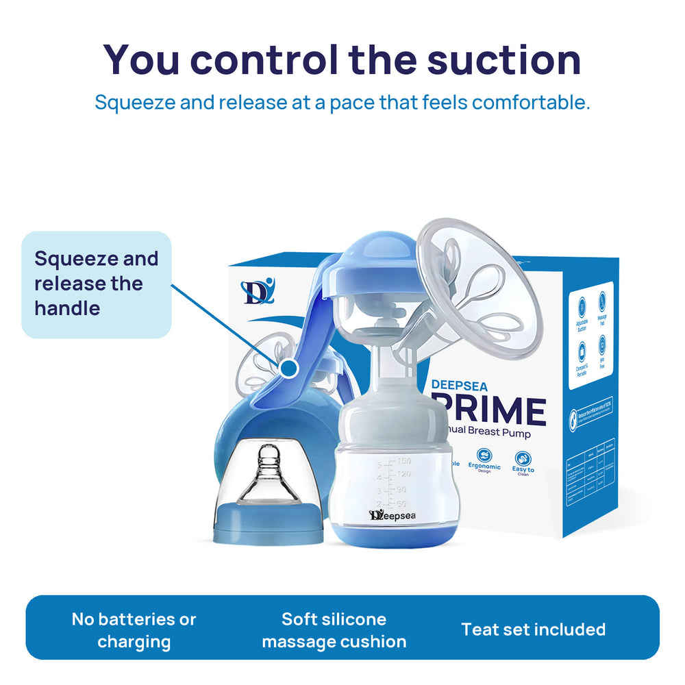 Prime Manual Breast Pump with the handle highlighted: squeeze and release to control the suction